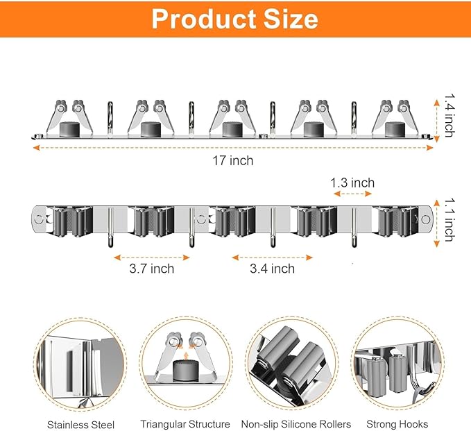 2 Pack Mop and Broom Holder Wall Mount, Non-slip Broom Hanger Wall Mount, Heavy Duty Mop Broom Organizer for Kitchen Garden Garage Laundry Room Wall Decor Organization and Storage Silver 5R4H