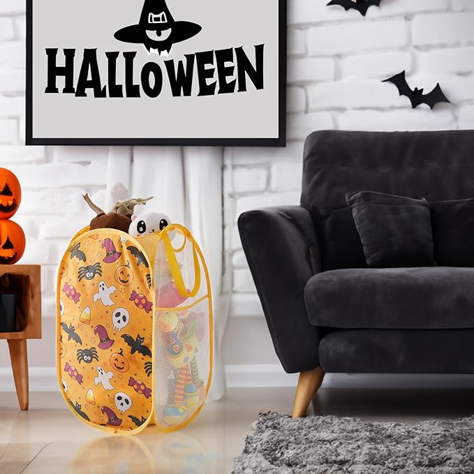 TECHMILLY Collapsible Mesh Pop Up Laundry Hamper with Sturdy Handles and Side Pocket - Portable Foldable Clothes Baskets for Dorm, Bathroom & Travel Storage (Halloween)