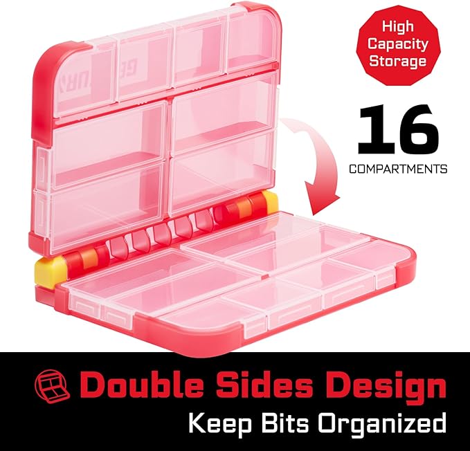 Small Storage Parts Organizer, 2Pcs Red Portable Plastic Box with Dividers, Double-sided Storage 16 Compartment Screwdriver Bit Set Box