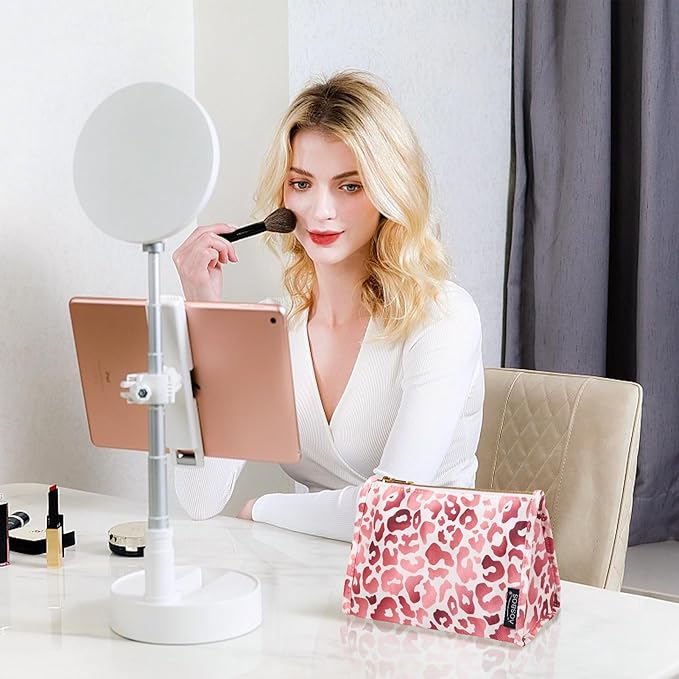 Aosbos Premium Small Makeup Bag, Compact Cosmetic Pouch, Travel-Size Make UP Case for Women, Leopard, Pink