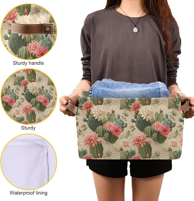 Aslsiy Storage Basket Cute Cactus Print Pattern Nursery Bins Baby Box Canvas Clothes Shelf Basket Laundry Hamper Gift Baskets for Home Closet 1 Pcs