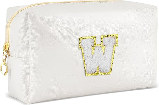 Gifts for Girls Initial Makeup Bag Personalized Cosmetic Bag with Zipper Cute Travel Toiletry Bags Waterproof PU Preppy Makeup Pouch Birthday Gift for Teen Girls Women(White W)