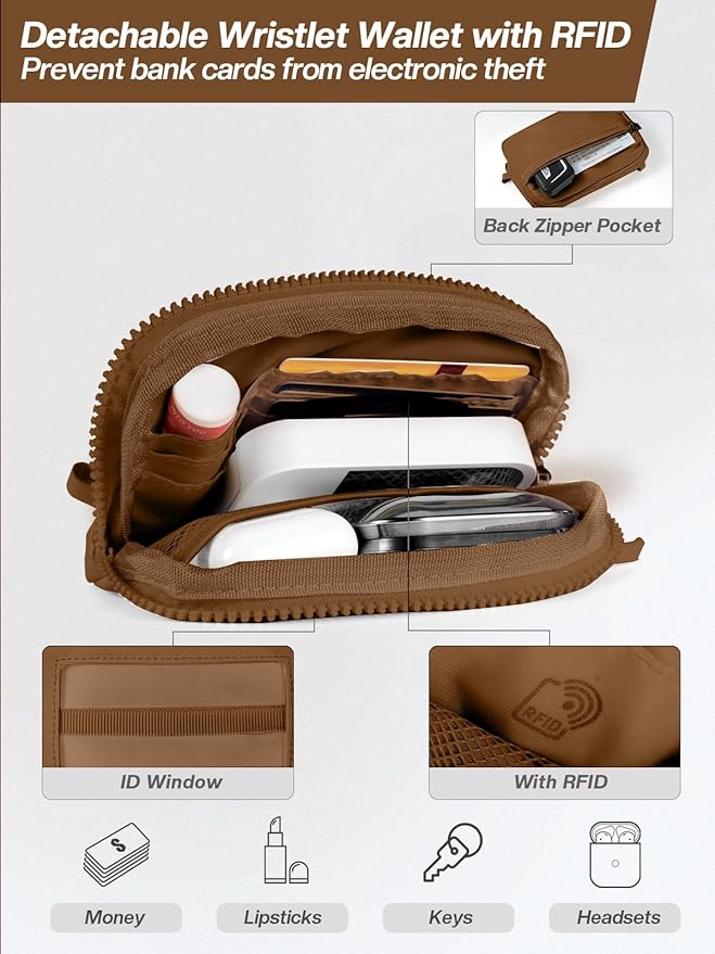 Clip and Go Strap for Phone with Wallet Crossbody Phone Lanyard Adjustable and Detachable RFID Wristlet Wallet with ID Window and Zipper, Brown