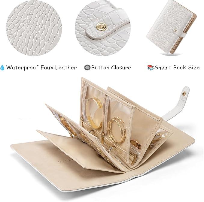 Vlando Small Jewelry Book Organizer - Leather Travel Jewelry Case with 5 Detachable Pages for Necklaces, Rings, Earrings, Tangle-Free, Giftable, Croco White