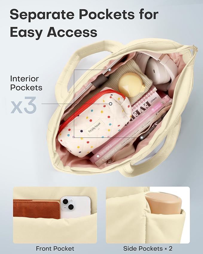 HOTOR Puffer Tote Bag for Women, Nurses - Multi-Pocket Lightweight Bag for Work - Quilted Handbag for Travel and Gym