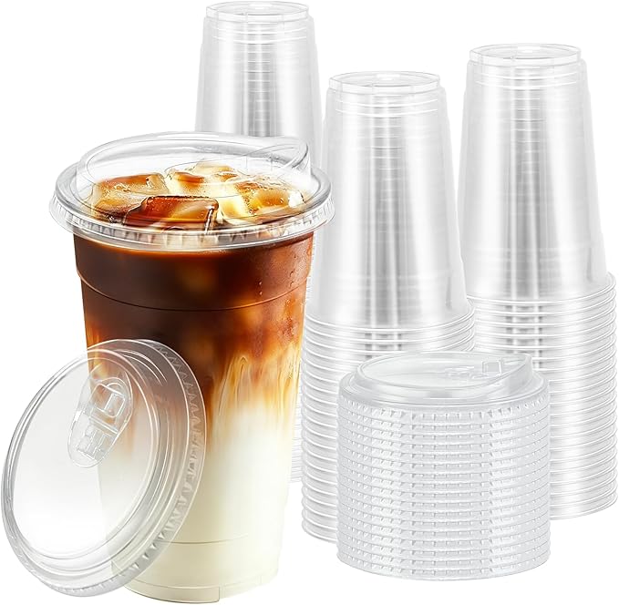 BYSNOW 50 Pack 24 oz Clear Plastic Cups with Lids, Disposable Iced Coffee Cups with Sip Lids, Sturdy Plastic Smoothie Cups for Cold Drinks
