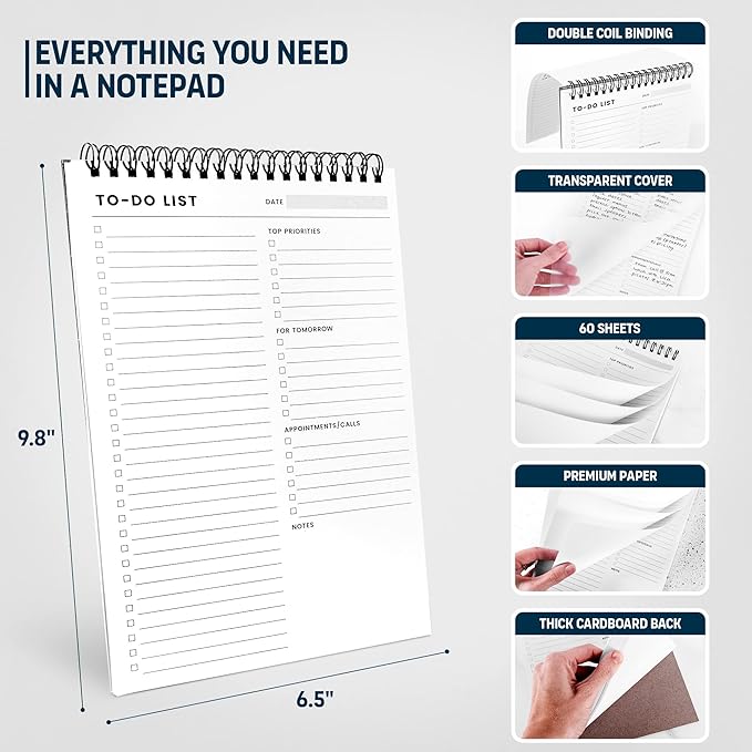 To Do List Notepad: With Multiple Functional Sections - 6.5 x 9.8" 60 Sheets - Spiral Daily Planner Notebook - Task CheckList Organizer Agenda Pad for Work - Note & Todo List Organization Notebooks