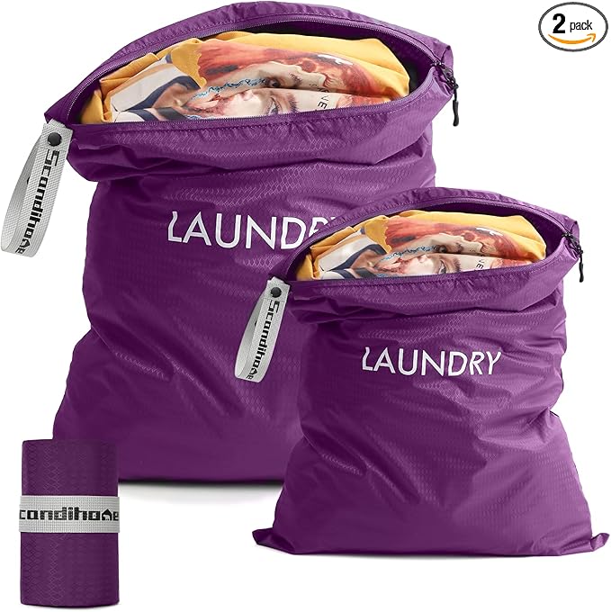 Travel Laundry Bag (2 Pcs - Large + Medium) - Foldable Waterproof Washable Wet Dry Bag for Gym, Swimming, Yoga, and Workout Perfect for Dirty Clothes, Bathing Suits, Travel Accessories (Purple)