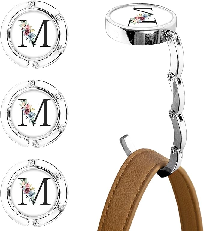 XSUIOY 3Pcs Personalized Initial Foldable Purse Hook for Table,Crushed Flower Letters Folding Purse Hanger,Purse Holder Handbag Hanger Collection Desk Table Bag Hooks Gifts for Women Bag(Black-M)