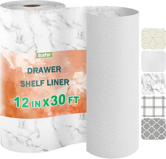 OcePor Non-Adhesive Drawer and Shelf Liner 12IN x 30FT，Non Slip Cabinet and Cupboard Liner, Kitchen Cabinet Liners for Shelves, Waterproof Drawer Shelf Liners for Cabinets/Bathroom Cupboard, Marble