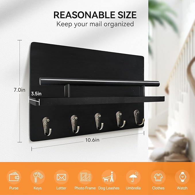 Key Holder Wall Mount, Decorative Key Rack with Shelf & 5 Sturdy Hooks, Rustic Key Hooks for Wall for Mail Organizer Hanging Dog Leash, Glasses, Wooden Key Hanger with Mounting Hardware