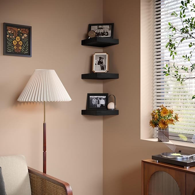 Small Floating Shelves for Wall - 9 Inch Square Black Shelves for Bedroom, Living Room, Bathroom, Kitchen, Office Decor Set of 3
