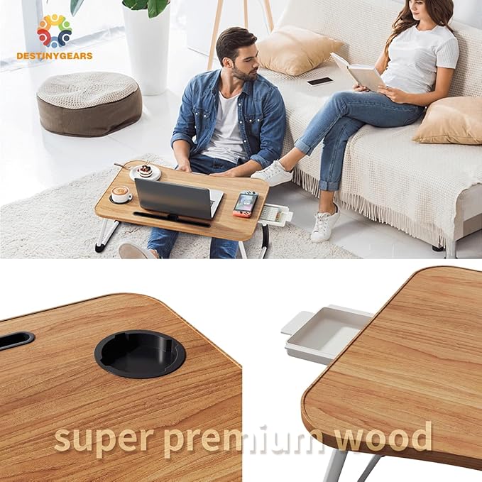 Lap Desk Bed Trays for Eating and Laptops Breakfast in Bed Tray for Sofa/Couch/Study/Reading/Writing with Cup Holder/Drawer On Low Sitting Floor Large Portable Foldable (Walnut Beige)