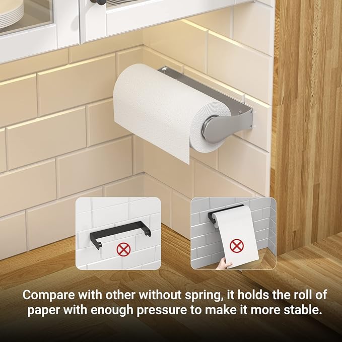 Paper Towel Holder Under Cabinet, Wall Mount, One-Handed Tear, Stainless Steel, Silver, Paper Roll Holder for Kitchen Bathroom Farmhouse Essentials Decor Accessories