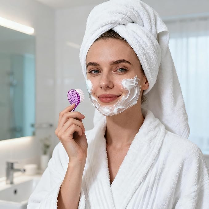 3 Pcs Facial Cleansing Brush, Manual Face Brushes for Cleansing and Exfoliating, Face Scrubber to Massage, Deep Pore Exfoliation, Makeup Remove and Skin Care with Soft Bristles, Clear Purple