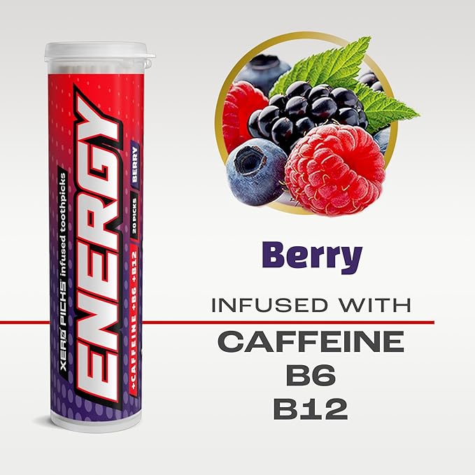 Xero Picks Energy Caffeine Flavored Toothpicks B12 for Focus & B6, 60 Picks (Pack of 3) (Berry) Sugar-Free Alternative to Energy Mints & Gum - Kosher