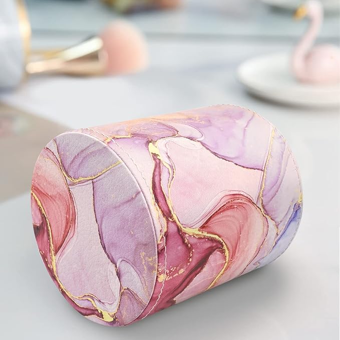 WAVEYU Pen Holder for Women Girls, Pencil Cup Pink Desk Decor, Makeup Brush Holder Large Pu Leather Multi-Functional Organizer Cup for Office, Classroom, Home, Colorful Marble
