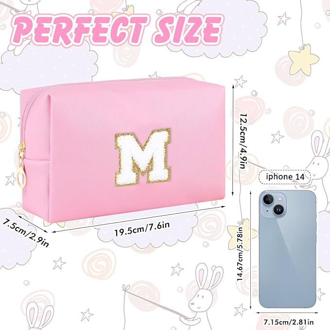 Gifts for Girls Initial Makeup Bag Personalized Cosmetic Bag with Zipper Cute Travel Toiletry Bag Waterproof PU Preppy Makeup Pouch Birthday Gift for Teen Girls Women(Pink M)