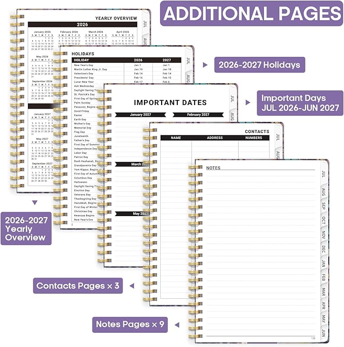 Academic Planner 2026-2027, Weekly and Monthly Calendar Book, July 2026 – June 2027, Hardcover Planner with Tabs, Perfect for Teachers, Students, Women & Men, A5 (6.4" x 8.5") - Lavendar Floral