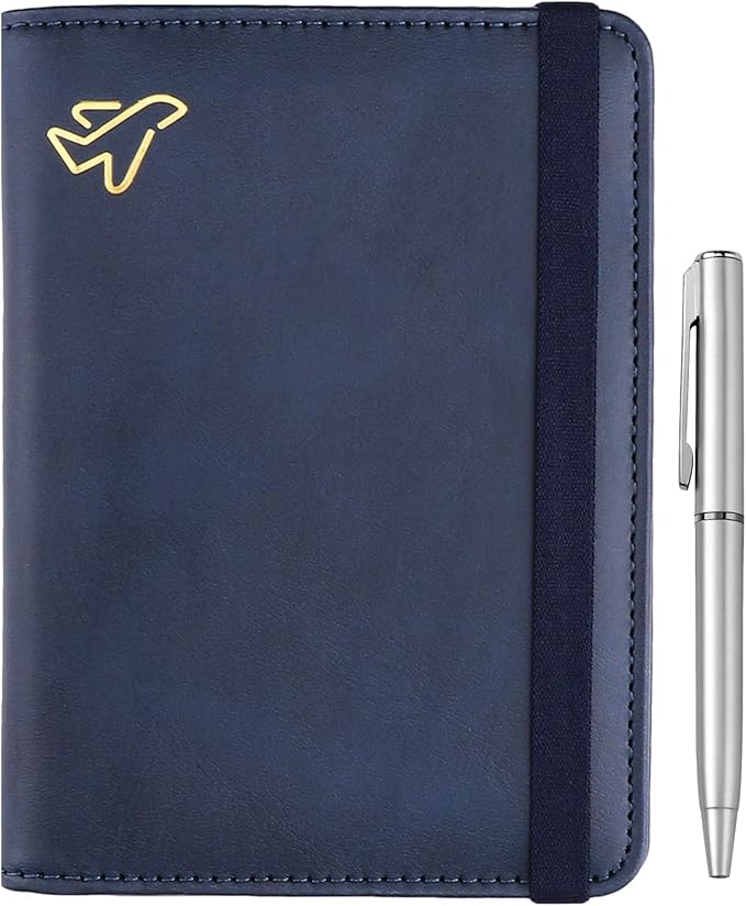 WALNEW Passport Holder for Travel, RFID Passport Cover Wallet for Women Men, PU Leather Passport Book Card Holder Case with Pen, Travelling Essentials for Flying