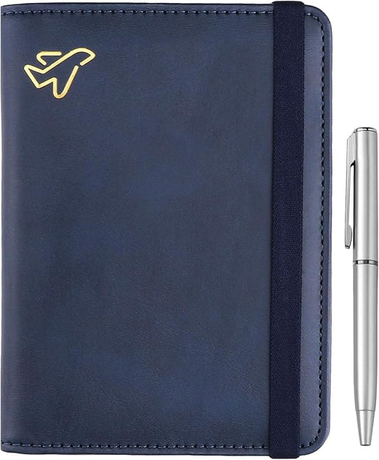 WALNEW Passport Holder for Travel, RFID Passport Cover Wallet for Women Men, PU Leather Passport Book Card Holder Case with Pen, Travelling Essentials for Flying
