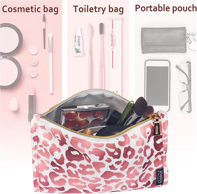 Aosbos Premium Small Makeup Bag, Compact Cosmetic Pouch, Travel-Size Make UP Case for Women, Leopard, Pink