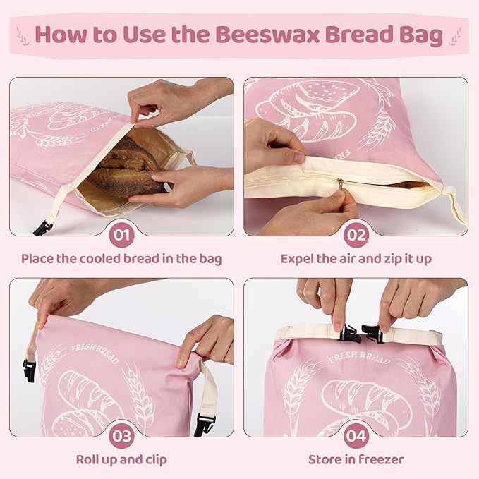 2 Pack Beeswax Bread Bags with Zipper, XL(13x17in) Sourdough Bread Storage for Homemade, Freezer Storage Bag to Keep Fresh, Cotton Beeswax Container, Baguette Bag with Liner, Kitchen Baking (Pink)