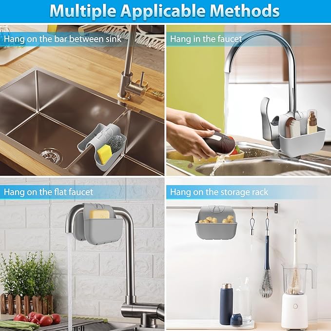 Sponge Holder for Kitchen Sink, Silicone Sink Saddle Caddy Organizer Rack, Sponges Holder Over Faucet, Hanging Kitchen Sink Organizer Organizer Accessories Rack Basket - Grey