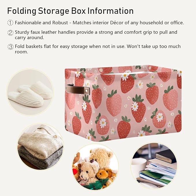 Aslsiy Storage Basket - Fresh Strawberry Pink Nursery Bins Baby Box Canvas Clothes Shelf Laundry Hamper Gift Basket for Home Closet - 1 Pcs