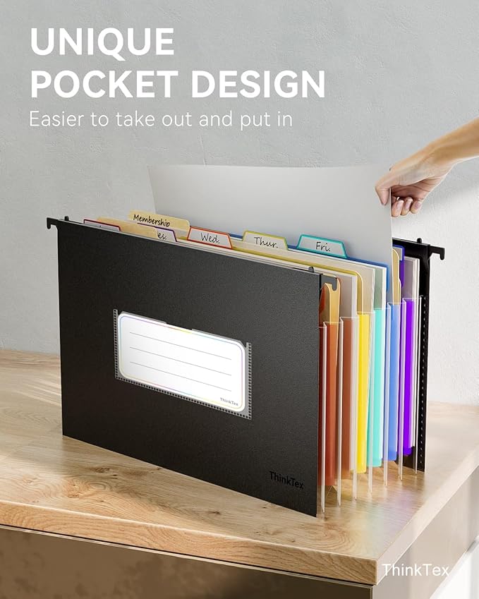 ThinkTex Plastic Expanding Hanging File Folders, 7 Innovative 1.2" Accordion Pockets, Large Capacity, Multi-Color Tabs, Legal Size for Filing Cabinet - 3 Packs