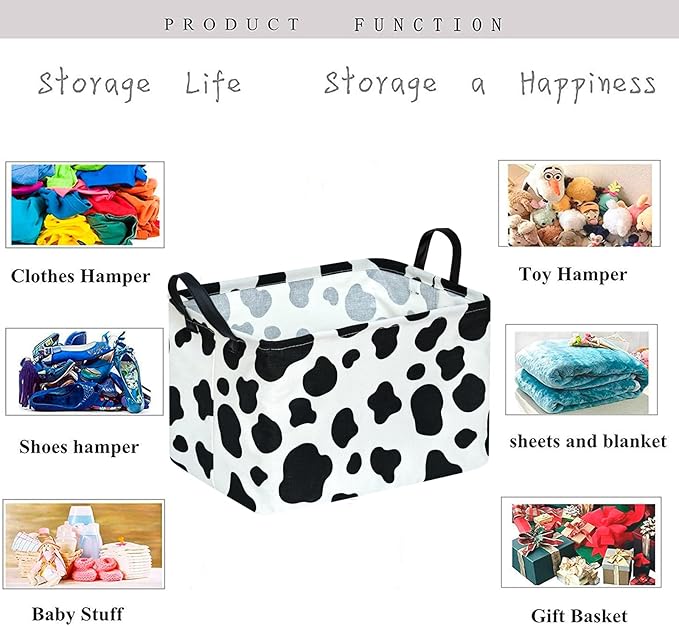 KUNRO Rectangle Storage Basket Gift Shelf Basket Storage Bin, Nursery Basket Organizer Box for With Handles for Room Deco (Cow pattern)
