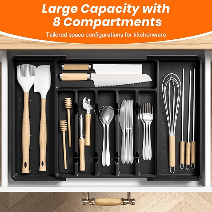RoomHacks Large Silverware Organizer,Expandable Utensil Drawer Organizer,BPA Free Utensil Holder,Adjustable Silverware Tray Cutlery Drawer Organizer for Kitchen Flatware,Large,Black,2 Pack