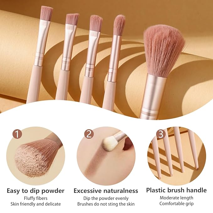 Travel Brush Set, Portable 5 PCS Mini Makeup Brushes with Mirror, Easy-taken Makeup Tool Set for Eyeshadow, Contour, Blush, Complete Function Cosmetic Profesional Tools (Brown)