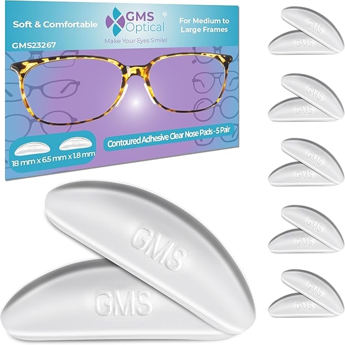 GMS Optical Large Adhesive Contoured Regular-Thin Silicone Nose Pads - Non Slip Nose Grips for Glasses, Sunglasses and Eyewear w/Super Sticky Backing, Eyeglass Accessories - 5 Pairs, Clear