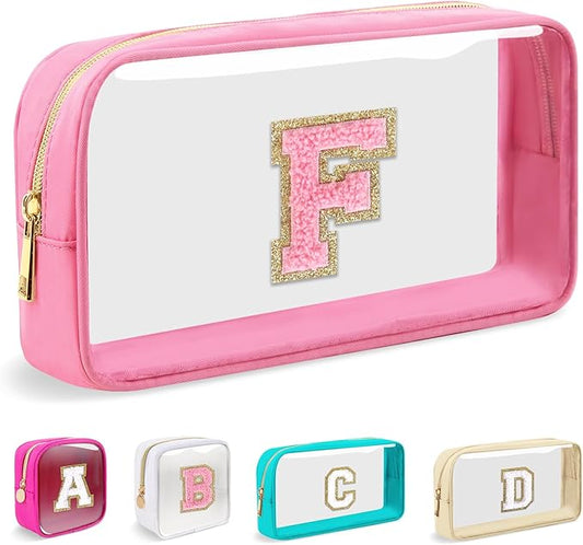Small Clear Personalized Initial Makeup Bag,Nylon Preppy A-Z Chenille Letter Patch Cosmetic Pouch Beach Toiletry Bag,Waterproof Zipper Travel Purse Storage Bag Organizer for Women Girls(Pink-Pink F)
