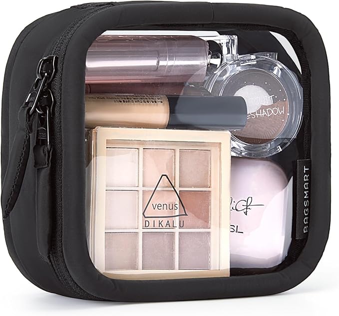 BAGSMART Mini Clear Makeup Bag for Women Portable Travel Toiletry Bag, Cute Small Water-Resistant Cosmetic Bag TSA Approved Clear Makeup Case Pouch with Zipper for Car Essentials (Black)