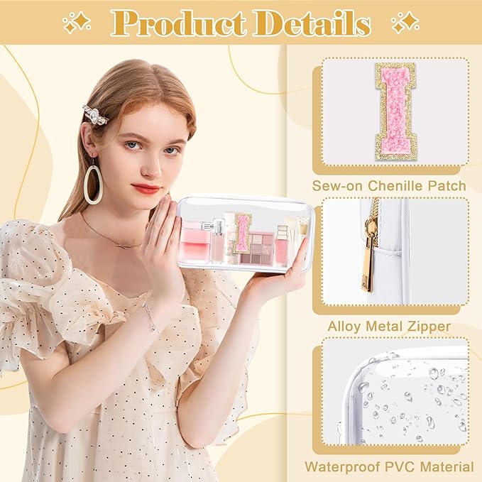 Personalized Initial Letter Clear Makeup Bag, Preppy Small Nylon&PVC Cosmetic Zipper Bag with Chenille Letter, Travel Skincare Toiletry Bag, Monogram Christmas Gift for Teen Girls Women, I