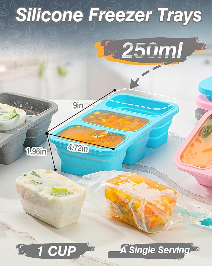 Silicone Freezer Trays With Lid And Clip, Stackable 1 Cup Soup Freezer Molds, 2 Pack Large Ice Cube Trays, Collapsible Freezing Molds for Meal Prep, Leftovers, Sauce, Broth, Kitchen Gifts Set