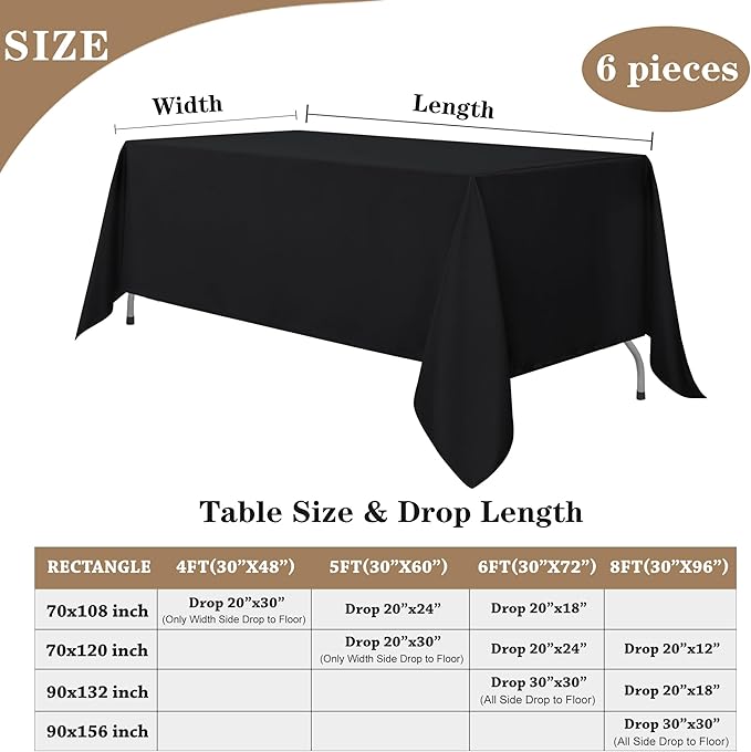 Fitted Black Tablecloths for Rectangle Tables, 6 Pack - 70 x 120 Inches - Reusable and Washable Tablecloths for 6-8 Ft Tables, Polyester Fabric Table Covers for Wedding, Party, Banquet