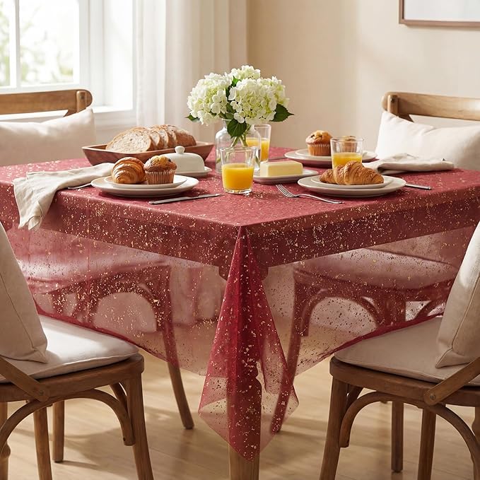 Horaldaily Burgundy Gold Gauze Tablecloth 60x60 Inch Square, Golden Sequin Glitter Metallic Foil, Sheer Tulle Cheesecloth for Wedding Baby Shower Ceremony Birthday