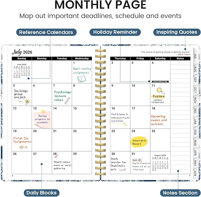 Planner 2026-2027, Academic Monthly and Weekly Calendar Planner for Women, July 2026 - June 2027, Hardcover Pretty Agenda Planner Book with Tabs, Spiral Daily Organizer for School Office Home Supplies, 8.5" x 11" - Blue Floral