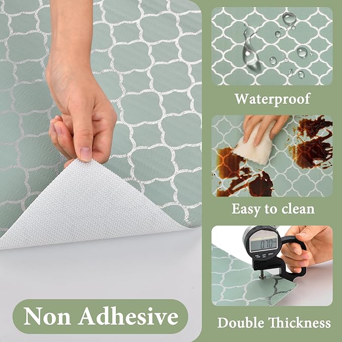 Shelf Liners for Kitchen Cabinets Non Adhesive Drawer Liner 23.6in x 30FT Light Green Quatrefoil Thickened Shelf Liner Strong Non-Slip Easy to Clean Tool Box Refrigerator with Knife and Tape Measure