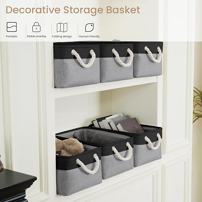 VQRTEXA Storage Baskets for Shelves 13.8x9.8x6.7 Inch, Foldable Fabric Storage Bins with Handles, Small Storage Baskets for Organizing Closet, Bathroom, Office, Home Organization (1-Pack, Black&Gray)
