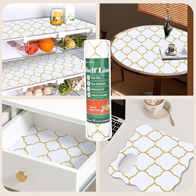 Shelf Liners for Kitchen Cabinets 23in x 30FT Non Adhesive Drawer Liner Gold Quatrefoil Thickened Shelf Liner Paper Strong Non-Slip Easy to Clean for Tool Box Refrigerator with Knife and Tape Measure