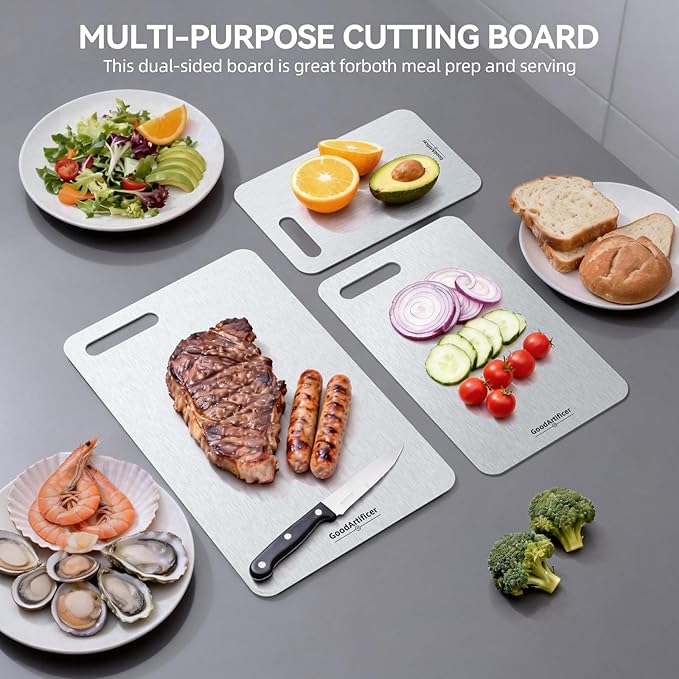 Titanium Cutting Board, 100% Pure Titanium Cutting Boards for Kitchen, Double-Sided Non-Toxic Cutting Board, Ideal for Slicing and Dicing Meats, Features Handle, Dishwasher Safe - 16"L*10"W（silver）