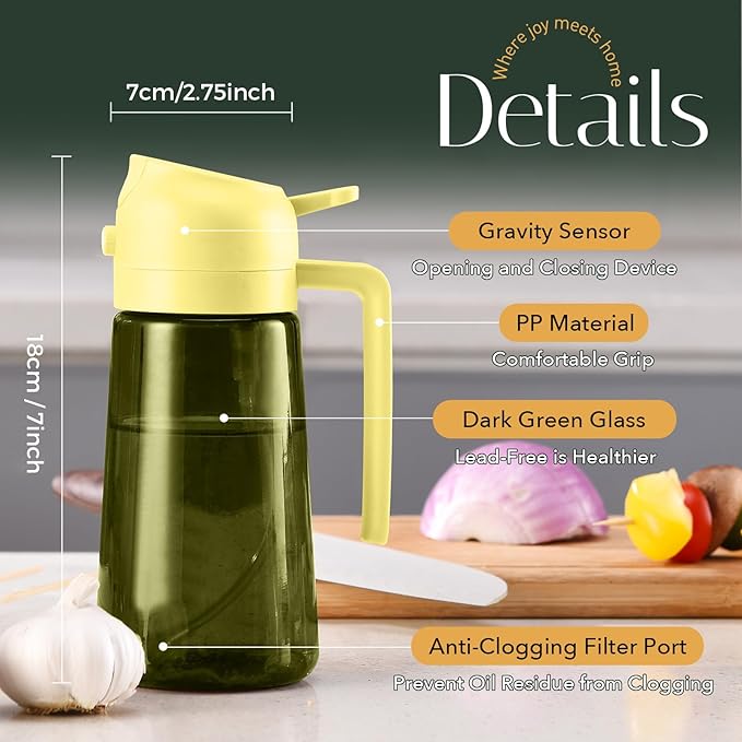 YARRAMATE 16oz/470ml Light-Blocking Dark Oil Sprayer for Cooking, 2 in 1 Olive Oil Dispenser Bottle for Kitchen, Premium Dark Green Glass Oil Bottle, Food-Grade Oil Mister for Air Fryer, BBQ (Pomelo)
