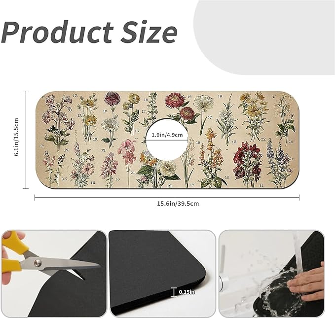 Kitchen Sink Splash Guard，Vintage-wildflowers Faucet Mat Sink Gadgets-Super Absorbent Fast Drying Mat Drip Catcher for Kitchen, Bathroom,Sink Mat, Dish Drying Mat, Bathroom(15" X 5.5" )