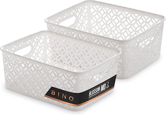 BINO l Plastic Storage Baskets, Medium - White | THE BLOSSOM COLLECTION l Multi-Use Organizer Bin l Built-in Handles l Plastic Woven Basket for Organizing l Pantry & Home Organizing Basket