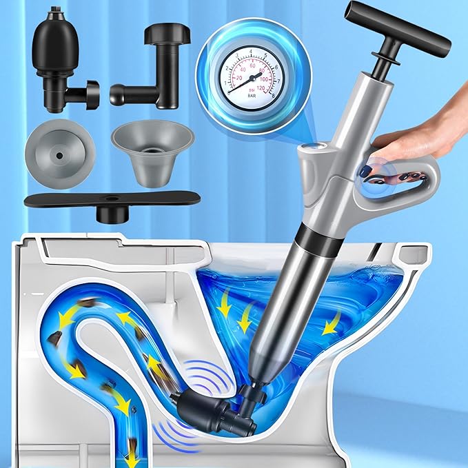 High Pressure Toilet Plunger, Heavy Duty Toilet Auger Air Drains Blaster, Powerful Air Plunger Sink Plungers with Visual Barometer, Drain Clog Remover for Bathroom Floor Drain Clogged Kitchen Pipe