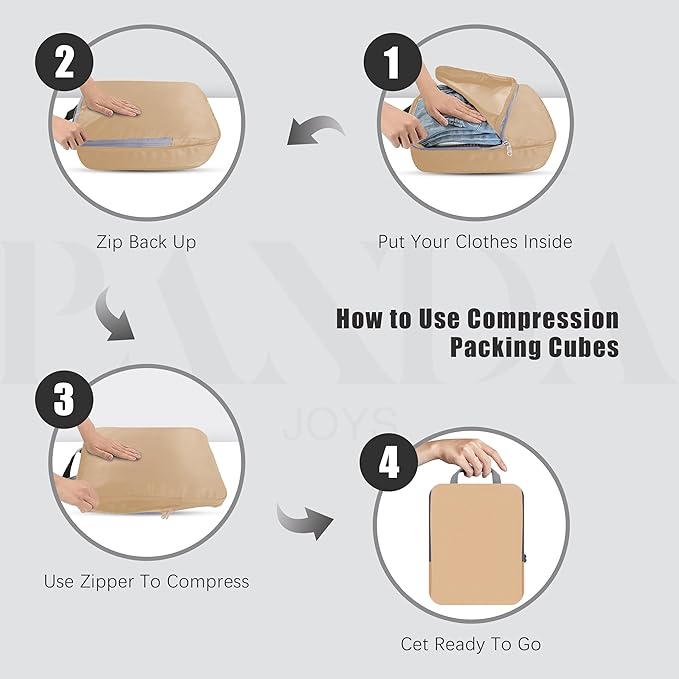 4 Set Compression Packing Cubes Travel - Travel Accessories Expandable Packing Organizers for Carry On - Essentials Luggage Bags - Brown
